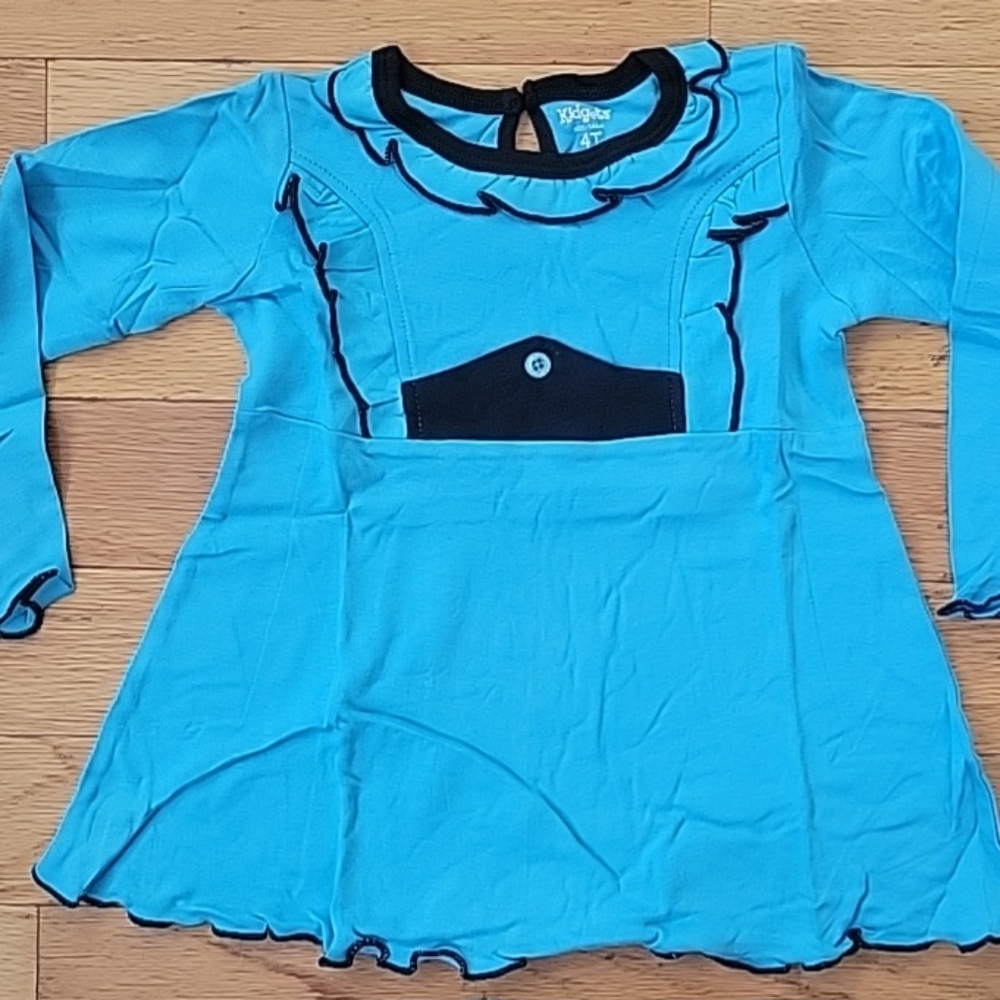 NIP Kidgets Girls Top Size 4T Long Sleeve Blue With Black Trim And Scalloped Edg